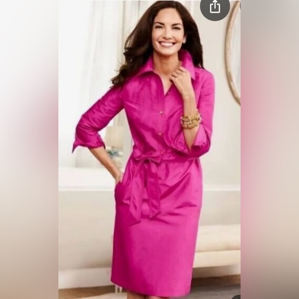 Talbots 100% Silk Classic Shirt Dress Business Casual Career Fuschia Size 2